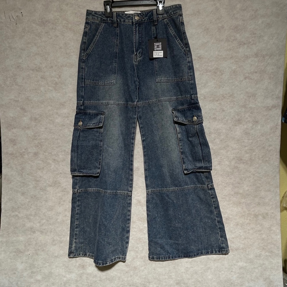 Litz by Uniq Womens Wide Leg Cargo Jeans Blue Denim High Rise LP-40024 Size M